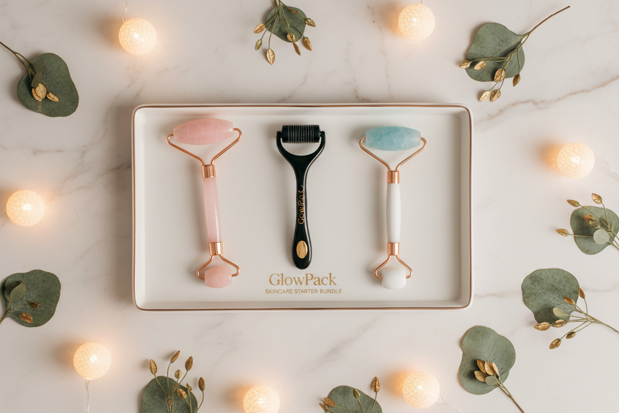 Skincare Starter Bundle flat lay with facial roller, derma roller, ice roller and organizer tray
