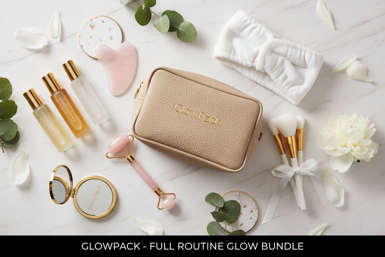 Full Routine Glow Bundle flat lay on marble